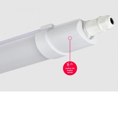 GOTEB 36W/45W IP65 HF senzor Průmyslové, prachotěsné svítidlo, HF senzor pohybu, záběr 120°, těleso plast bílá, difuzor plast opál, LED 36W/45W, neutrální 4000K, Ra80, 230V, IP65, IK07, tř.2, rozměry dle typu, průběžné zapojení.