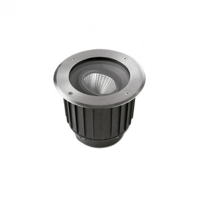 COOL COB výklopné +-15° Zemní svítidlo, nast sklon svícení +-15°, hliník, rám nerez, LED 9W, teplá 2700K, 789lm, vyzař úh 15° nebo 60°, Ra80, povrch <40°C, 230V, IP67, IK10, stat zátěž 1,8t, d=125mm, h=133mm, vč. mont. boxu