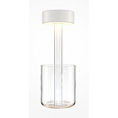 INCLINO TL 3W Stolní lampa, základna sklo čiré, těleso kov, povrch bílá, difuzor plast opál, LED 3W, 120lm, teplá 3000K, stmívání, napájení USB baterie, IP20, tř.3, rozměry d=120mm, h=348mm.
