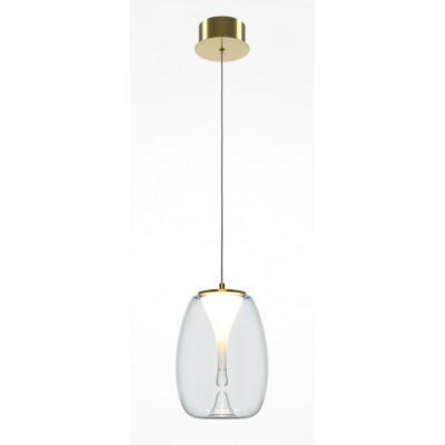HOMERO HL 8W Závěsné svítidlo, základna kov, povrch saténová zlatá, stínítko sklo čiré, LED 8W, 280lm, teplá 3000K, Ra80, 230V, IP20, rozměry d=200mm, h=281mm, vč závěs lanka l=3331mm, lze zkrátit.