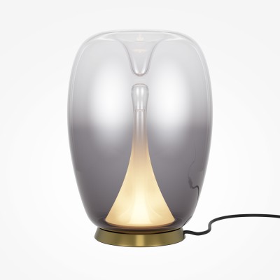 HOEMRO TL 15W Stolní lampa, základna kov, povrch saténová zlatá, stínítko sklo čiré/kouřové, LED 15W, 360lm, teplá 3000K, Ra80, 230V, IP20, tř.2, rozměry d=200mm, h=272mm.