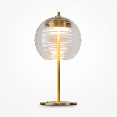 PENYM TL 8W Stolní lampa, základna kov, povrch mosaz, stínítko sklo čiré, LED 8W, 100lm, teplá 3000K, Ra80, 230V, IP20, tř.2, rozměry d=200mm, h=377mm.