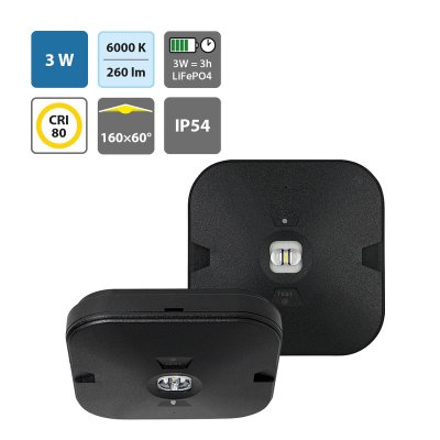 DULU 3W EM CORRIDOR/ OPEN AREA Stropní, přisazené nouzové svítidlo, plast černá, charakteristika OPEN AREA nebo CORRIDOR, SE - pouze nouzové svícení, LED 3W, 280lm, denní 6000K, záloha 3h, 230V, zvýšené krytí IP54, tř.2, 130x35x130mm.