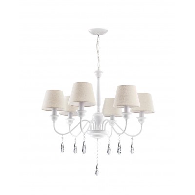 ELEGANT Závěsné svítidlo, základna kov, povrch bílá mat zdobené krystaly, stínítko textil krémová, pro žárovku 6x40W, E14, 230V, IP20, rozměry d=730mm h=460mm, vč.závěsného kabelu l=1000mm, lze zkrátit
