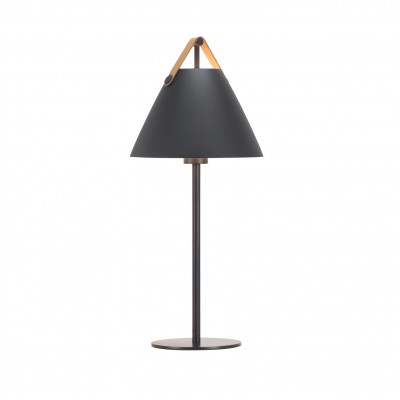 STRAP TABLE Stolní lampa, těleso a stínítko kov, povrch bílá, nebo černá, detaily kůže černá, nebo hnědá, pro žárovku 1x40W, E27, A60, 230V, IP20, tř.2, rozměry d=250mm, h=550mm, přív. kabel l=1800mm, vč. vypínače