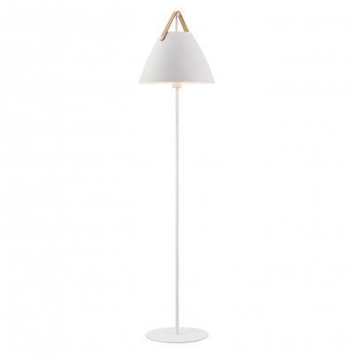  Strap Stojací pokojová lampa, těleso a stínítko kov, povrch bílá, detaily kůže pro žárovku 1x40W, E27, A60, 230V, IP20, tř.2, rozměry d=360mm, h=1537mm, přív. kabel l=1800mm, vypínač na tělese