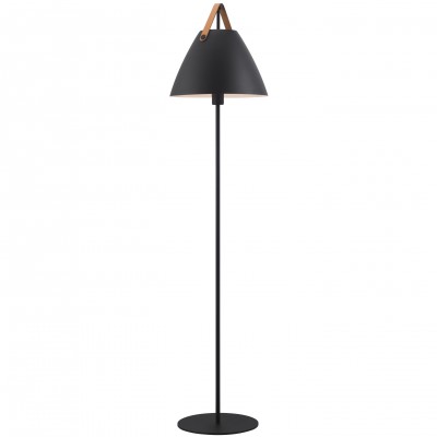 STRAP FLOOR Stojací pokojová lampa, těleso a stínítko kov, povrch bílá, nebo černá, detaily kůže černá, nebo hnědá, pro žárovku 1x40W, E27, A60, 230V, IP20, tř.2, rozměry d=360mm, h=1537mm, přív. kabel l=1800mm, vypínač na tělese