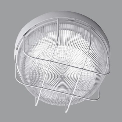  Stropní svítidlo, s ochranným košem, základna polykarbonát, barva bílá/hnědá, kryt polykarbonát čirý s drážkami, pro žárovku 1x60W/E27, nebo LED, 230V, IP53, zař. tř.2, d=220mm, h=115mm