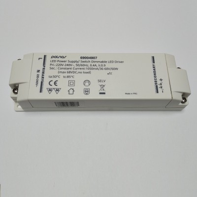 Driver STEP 60W Napájecí zdroj LED, proudový, materiál plast, LED 60W, 1050mA, 36-60V, pro krokové STEP stmívání, IP20, tř.2, rozměry 166x50x29,5mm.