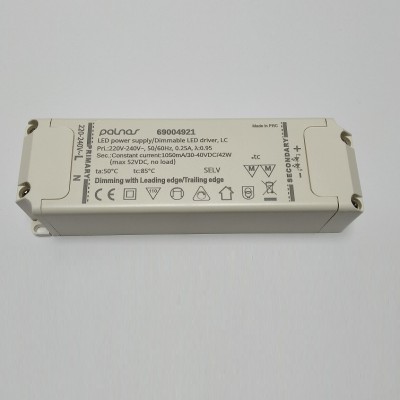 Driver TRIAC 42W Napájecí zdroj LED, proudový, materiál plast, LED 42W, 1020mA, 30-40V, pro krokové TRIAC stmívání, IP20, tř.2, rozměry 147x43x29mm.