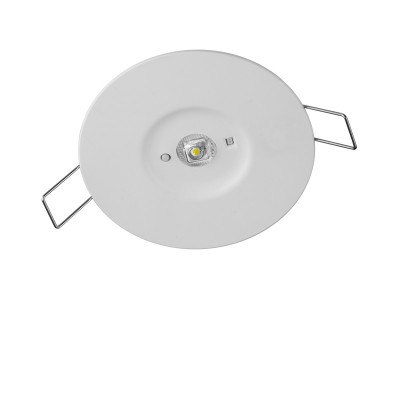 SECURS vestavné LED 3W ZÁLOHA 3H ANTIPANIC Stropní, vestavné nouzové svítidlo, plast bílá, charakteristika ANTIPANIC, LED 3W, 300lm, denní 6000K, záloha 3h, 230V, zvýšené krytí IP44, d=95mm, h=35mm, nouz modul 207x23x43mm