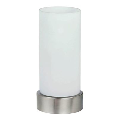 Stolní lampa VÝPRODEJ Stolní lampa, základna kov, povrch chrom, difuzor opálové sklo, pro žárovku 1x40W, E14, 230V, IP20, d=110mm, h=240mm, s dotyk.vypínačem