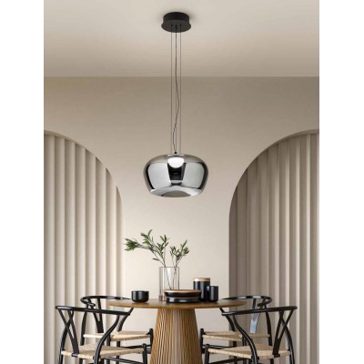 MESA HL 20W Závěsné svítidlo, základna kov, povrch černá, stínítko sklo kouřové, LED 20W, 1600lm, teplá 3000K, stmív., Ra80, 230V, IP20, tř.1, rozměry d=380mm, h=242mm, vč závěs kabelu l=1500mm, lze zkr.