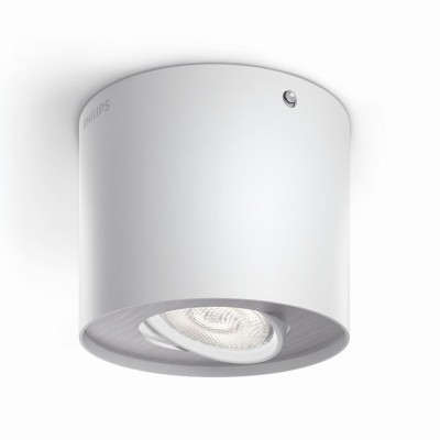 PHASE LED 5W VÝPRODEJ Stropní, přisazené, bodové svítidlo, výklopné +-20°, těleso kov, povrch bílá + hliník šedostříbrná, LED 1x4,5W, teplá 3000K, 500lm, Ra80, stmívatelné RC, 230V, IP20, d=102mm, h=80mm