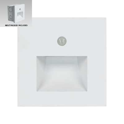 STEP LIGHT Vestavné svítidlo do stěny, PIR senzor, čas 30s,  těleso plast bílá, LED 1W, neutrální 4000K, 60lm, 230V, IP20, Ra80, tř.2, rozměry 87x87x43mm, vč. montážního boxu.