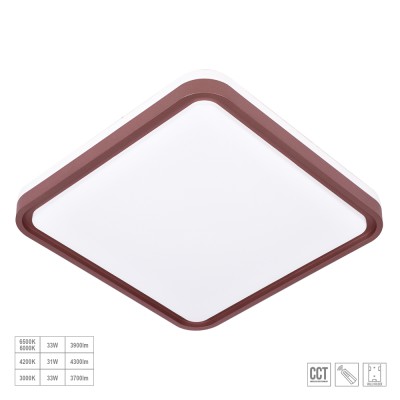 VLADKA SQ Stropní svítidlo, rám kov, povrch hnědá, difusor plast opál, LED 36W, dálkovým ovladačem (součástí) lze nast teplota CCT teplá 3000K, - denní 6500K, stmív., 2400lm, Ra80, 230V, IP20, 435x435x85mm.