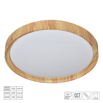 WOODEN Stropní svítidlo, rám kov, povrch světle hnědá fólie, difusor plast opál se třpyt. efektem, LED 36W,  lze nastavit teplota CCT teplá 3000K, - denní 6500K, 2040lm, stmív, Ra80, 230V, d=395mm, h=75mm.