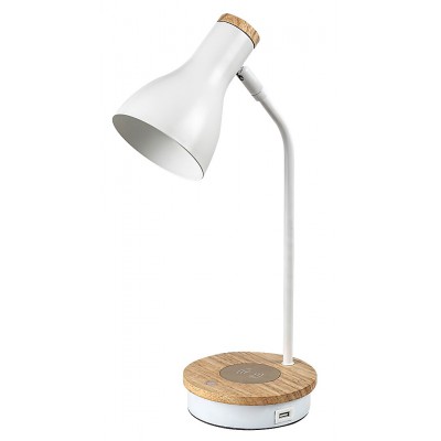 MOSLEY Stolní lampa, základna dřevo světlé, těleso kov, povrch bílá, pro žárovku 1x25W, E14, dotyk stmívač, Ra80, 230V, IP20, tř.2, rozměry d=110mm, h=430mm, vč. Bezdrátové nabíjení telefonu a USB připojení