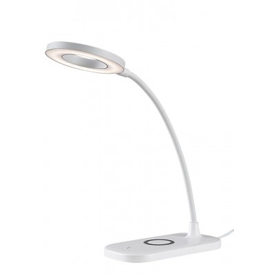 HARDIN Stolní lampa, těleso plast bílá, dif plast opál, LED 5W, nastav. teplota CCT teplá 3000K, denní 6000K, 210lm, dotyk stmívač, Ra80, 230V, IP20, tř.3, d=100mm, h=290mm, vč. Bezdrátové nabíjení telefonu.