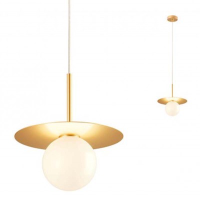 GRANULATU HL 1x28W, E14 Závěsné svítidlo, těleso kov, povrch zlatá, difuzor sklo opál, pro žárovku 1x28W, E14, 230V, IP20, tř.1, rozměry d=300mm, vč. závěs kabelu l= 1225mm, lze zkrátit.