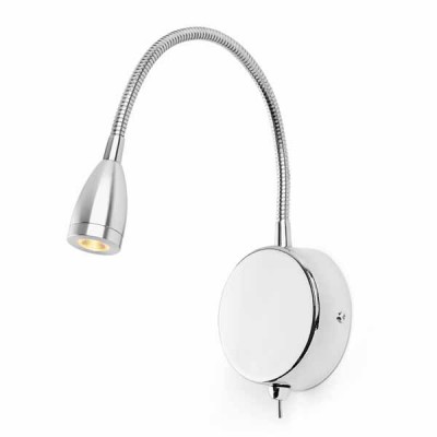 LOKE Nástěnné svítidlo bodové, těleso kov, povrch chrom lesk, bílá, černá flexibilní rameno husí krk, LED 3W, teplá 3000K, 150lm 230V v základně, IP20, rozměry základna d=80mm. ramínko l=419mm, vypínač na základně