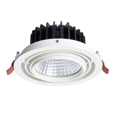 QTEC VÝPRODEJ Stropní, vestavné, bodové svítidlo, výklopné +-20°, těleso hliník, povrch bílá, sklo čiré, LED 25W, teplá 3000K, 1750lm, vyzař úhel 33°, Ra80, vč. trafa 230V/700mA na kabelu, d=185mm, h=11