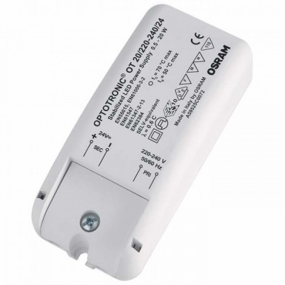 TRAFO Eelektronický transformátor pro LED osvětlení 24V, 0,5W-20W, 220V/240V, IP20, tř.2., SELV, ochr/zkrat a přetíž, rozměry 109x50x35mm, min zátěž 20W