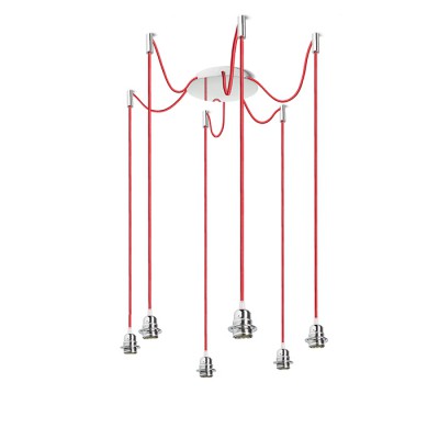 KOMBIX 4 Závěsný kabel s objímkou, základna kov, povrch chrom, chromové úchyty, kabel červený, pro žárovku 6x28W, E27, 230V, IP20, tř.1, základna d=180mm, kabel l=3000mm, lze zkrátit, BEZ STÍNÍTKA