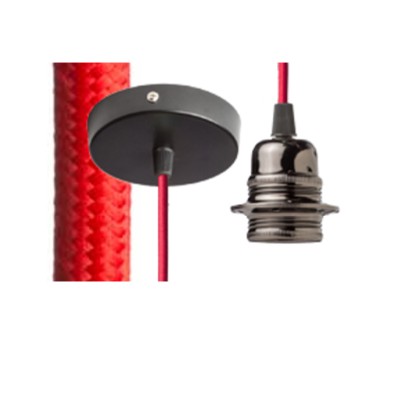 ELISA Závěsný kabel s objímkou, základna černá, kabel textilní úplet červený, objímka černý chrom, pro žárovku 28W, E27, 230V, IP20, tř.1, d=100mm, l=1500mm, lze zkrátit, pouze závěs BEZ STÍNÍTKA
