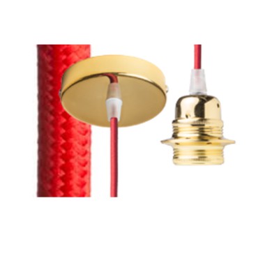 ELISA Závěsný kabel s objímkou, základna zlatá, kabel textilní úplet červený, objímka zlatá, pro žárovku 28W, E27, 230V, IP20, tř.1, d=100mm, l=1500mm, lze zkrátit, pouze závěs BEZ STÍNÍTKA