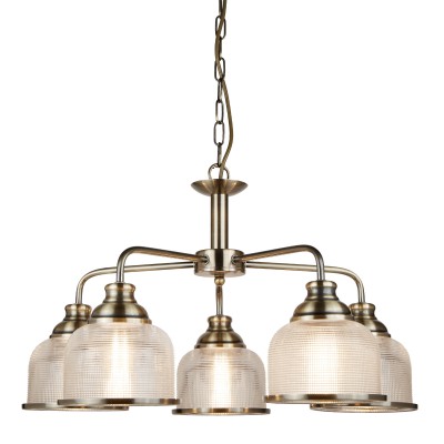 BRETLEN PENDANT 5x7W E27 Závěsné svítidlo, základna kov, těleso kov, povrch mosaz antická zašlá, difuzor sklo halofan, pro žárovku 5x7W, E27, 230V, IP20, tř.1. 5 ramen, rozměry sklo d=575mm, h=340mm, vč závěsu l=880mm, lz zkr