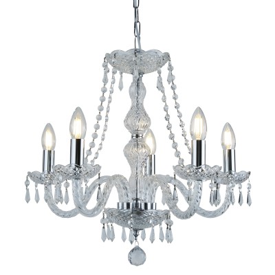 UNICASKY PENDANT 5x7W E14 Závěsné svítdilo, základna kov, těleso kov chrom stříbrná lesk a křišťálové ověsy, pro žárovku 5x7W, E14, 230V, IP20, tř.1. 5 ramen, rozměry těleso d=540mm h=570mm, vč závěsu l=1090mm, lze zkrátit