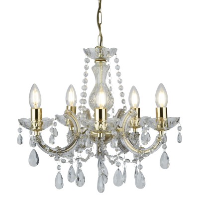 MARENTELA2 PENDANT 5x7W E14 Závěsné svítdilo, těleso kombinace kov zlatá lesk a akryl transparent s ověsy, pro žárovku 5x7W, E14, 230V, IP20, tř.1. 5 ramen, rozměry těleso d=480 h=315mm, včetně závěsu l=910mm, lze zkrátit
