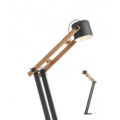 DOSTE FL 1x42W, E27 Stojací lampa, nastav. směr svícení, těleso kov a dřevo světlé, povrch černá, pro žárovku 1x42W, E27, 230V, IP20, tř.2, rozměry 300x1435x630mm, včetně vypínače kabelu.