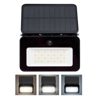 POL 6W, CCT, senzor pohybu, SOLAR, IP65 Venkovní nástěnné svítidlo, senz pohybu, záběr 120°, dosah 6m, kov, černá, dif plast opál, LED 6W, 660lm, přepín. CCT teplá 3000K-denní 6500K, napájení sol panel, IP65, 143x98x21mm.