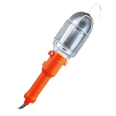Montážní lampa 1x60W E27 Montážní lampa s mřížkou, těleso kov a plast, stříbrná-oranžová, pro žárovku 1x60W, E27, 230V, háček na zavěšení, vypínač na tělese, délka kabelu 5m.