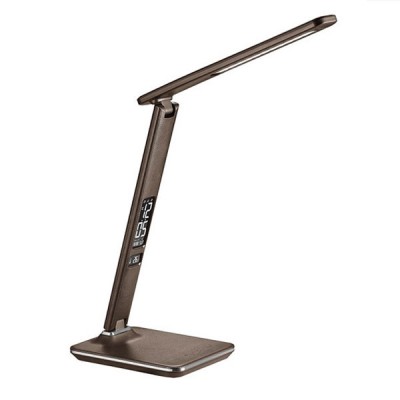 LARIX LED 9W + displej VÝPRODEJ Stolní lampa,  materiál plast+kůže, povrch hnědá, LED 9W, dotyk vypínač, stmívač, CCT nastav teplota svícení teplá 3000K, neutrální, denní 6000K, Ra80, 230V, IP20, LED hodiny