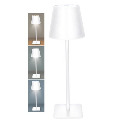 HERK 120lm, CCT, USB Stolní lampa, těleso kov, povrch bílá, dif plast opál, 120lm, dotyk CCT přepín teplota teplá 3000K-denní 6500K, stmív, Ra80, napájení USB 3,7V baterie 2000mAh, d=110mm, h=350mm.