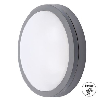 MASIN 20W, IP54, PIR Stropní venkovní svítidlo, senzor pohybu HF, dosah 10m, čas 1min, těleso plast šedá, difuzor plast opál, LED 20W, 1500lm, neutrální 4000K, Ra80, 230V, IP54, rozměry d=230mm, h=73mm.