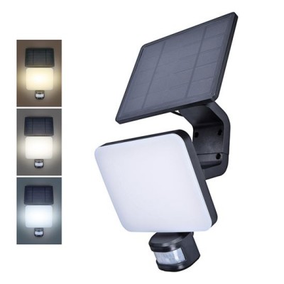 LED solar 11W IP54 Nástěnné venkovní svítidlo, černá, PIR senzor pohybu, záběr 160°, dosah 8m, LED 11W, 1200lm, přepín CCT teplota teplá 3000K-denní 6000K, napájení solární panel, IP54, 160x185x40mm.