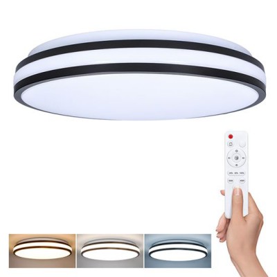 ENDY 48W CCT Stropní svítidlo, těleso kov a plast, černá, dif plast opál, LED 48W, 3360lm, dálk ovl. (součástí) lze nastavit CCT teplá 3000K - denní 6500K, stmív, 230V, IP20, rozměry d=390mm, h=80mm.