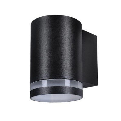 RAILY 1x30W, GU10, IP54 Nástěnné venkovní svítidlo, materiál hliník, povrch černá, difuzor plast opál, pro žárovku 1x30W, GU10, 230V, IP54, rozměry d=75mm, h=110mm, svítí dolů.
