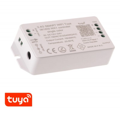 SMART stmívač SMART stmívač pro jednobarevné LED 192W, TUYA WiFi, dosah až 30m, vstup 12-24V, rozměry 100x47x23mm.