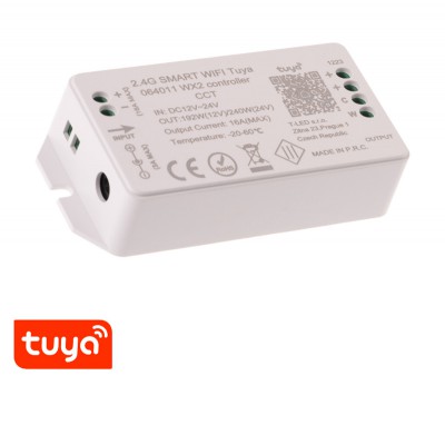 SMART stmívač CCT SMART stmívač pro CCT LED pásky, 192W, TUYA WiFi, dosah až 30m, vstup 12-24V, rozměry 100x47x23mm.