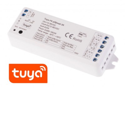 RF příjimač CCT 2x5A, 12V-24V, TUYA RF přijímač pro stmívání CCT LED pásků zátěž max 2x5A, 12V/120W, 24V/240W, napájení 12V-36V, TUYA WiFi, dosah až 30m, rozměry 114x38x20mm, lze spárovat max 10 vysílačů na 1 přijímač