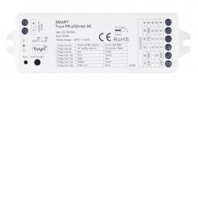 DRIVER Tuya, Wifi, RGBW+CCT 5x3A LED ovladač přijímač pro LED pásky, ovl. telef smart systém Tuya, Wifi, RGBW-CCT 5CH, nastavení teploty světla, stmívání, zap/vyp, napájení 5x3A, 12V, 36W/ch,180W, 24V 72W/ch, 360W, rozm 114x38x20mm