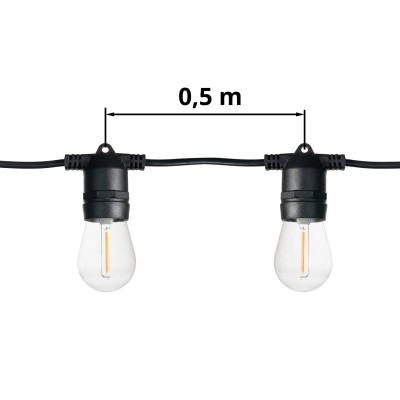 PCH 10x2W, IP65 Spojovatelný venkovní párty řetěz (max 30m v celku), plat černá, 10 ks LED žárovek 1W, E27, teplá 2200K, 230V, IP65, svítící část l=5m, rozteč LED žárovek 0,5m, napájecí kabel SAMOSTATNĚ