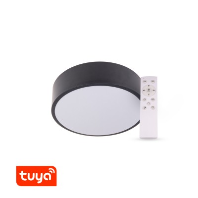 HOLSK R 48W, TUYA Stropní svítidlo, kruhové, těleso kov, povrch černá, dif plast opál, LED 48W, dálk ovl, nebo smart telefon Tuya, WiFi, stmív, nast teplota CCT teplá 3000K - denní 6000K, Ra80, IP20, d=400mm, h=80mm.