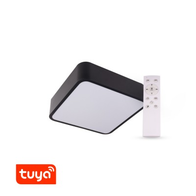 HOLSK SQ 36W, TUYA Stropní svítidlo, kruhové, těleso kov, povrch černá, dif plast opál, LED 36W, dálk ovl, nebo smart telefon Tuya, WiFi, stmív, nast teplota CCT teplá 3000K - denní 6000K, Ra80, IP20, 400x400x80mm.