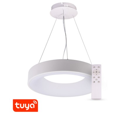 CASACU HL R 60W, SMART Závěsné svítidlo, kov, bílá, dif plast opál, LED 60W, smart TUYA WIFI, dálk ovl (součástí) CCT nast teplota teplá 3000K - denní 6000K, stmív.,230V, IP20, d=600mm, vč závěs lanka l=1500mm, lze zkr.